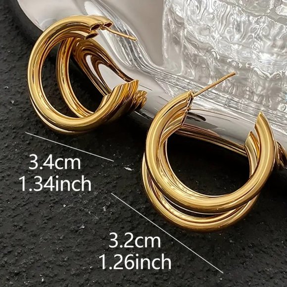 Earrings Triple Hoop Gold Glam Classy Stylish Minimalist Trendy Simple Sexy New - Picture 6 of 7